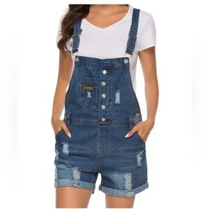 AvaCostume Blue Denim Distressed Bib Overalls Shorts